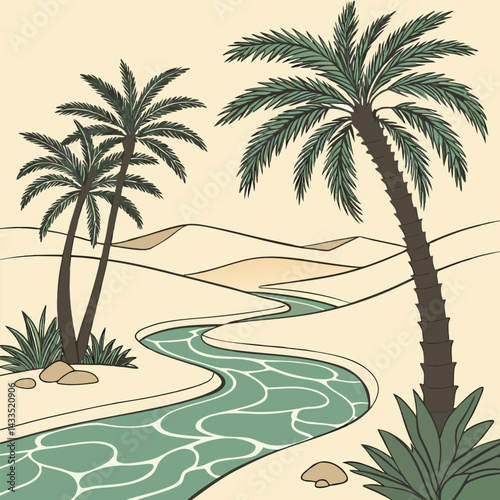Desert Oasis Vector Palm Trees and Ripple Water in Minimal Line Art Style

