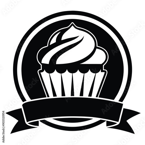Cupcake Silhouette with Swirl Frosting Topping and Ribbon Banner. Black and White