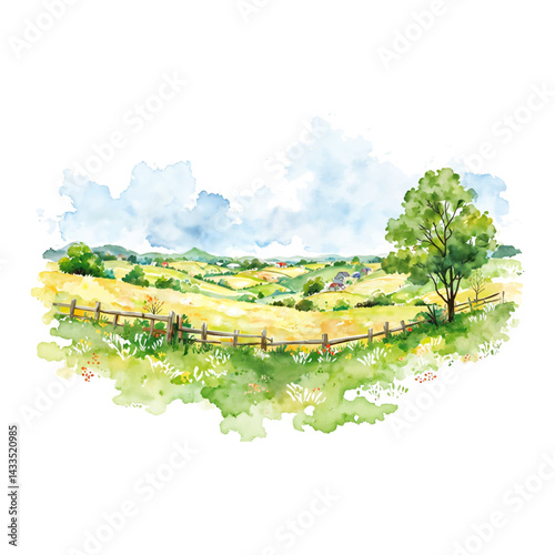 Beautiful Farm Field Panorama with Wooden Fence Isolated Hand Drawn Watercolor Painting Illustration