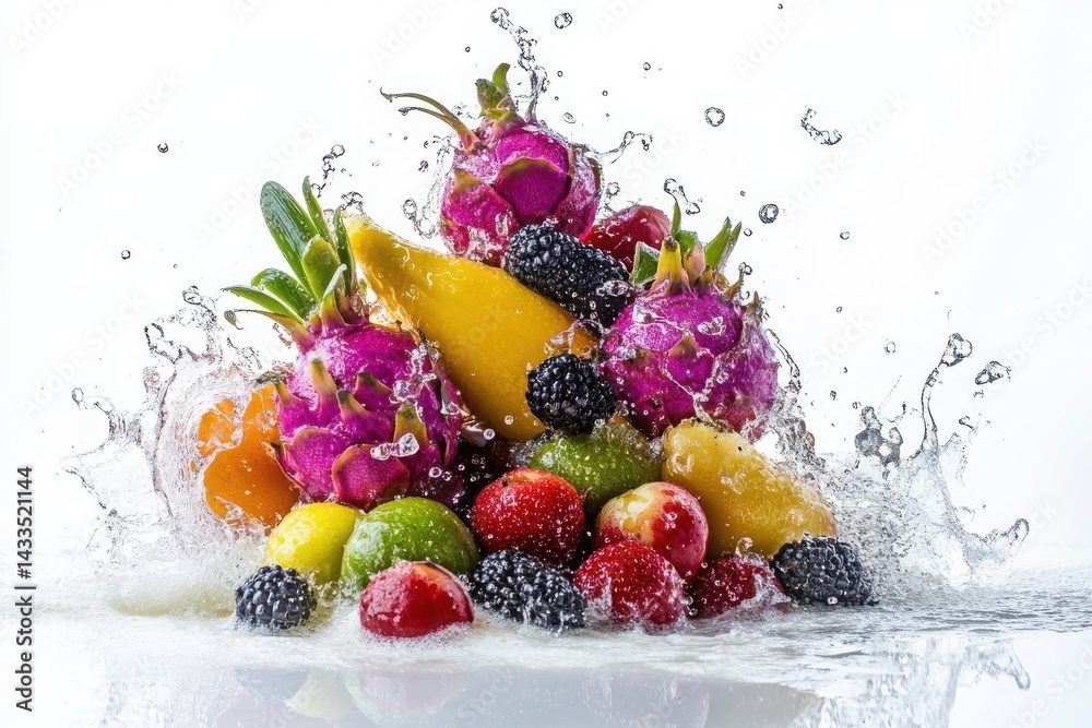 White background showcasing a refreshing wet dragonfruit and fruit blend. White background showcasing a refreshing wet dragonfruit and fruit blend.