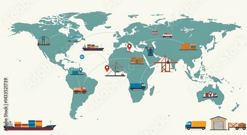 World map showing global logistics and transportation network with various vehicles and locations