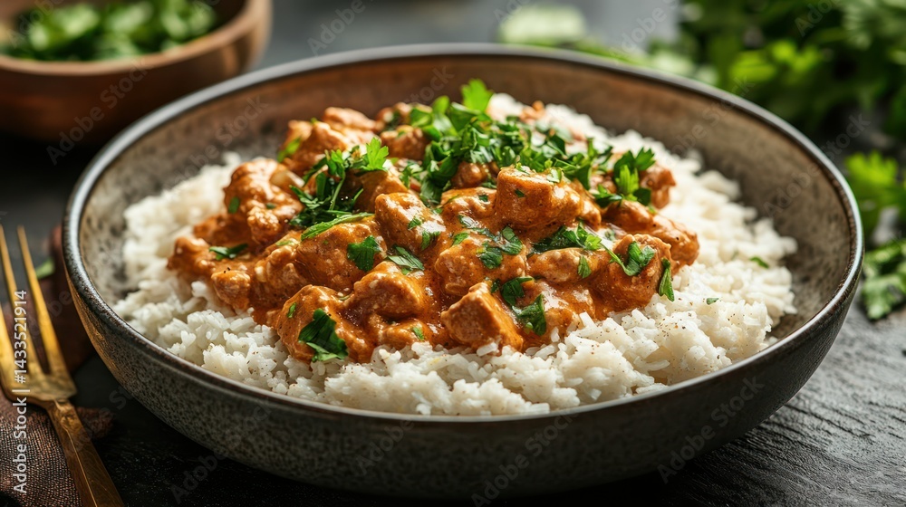 Chicken Tikka Masala tops white rice, cilantro adds flavor, vibrant colors enhance presentation, culinary delight. Chicken Tikka Masala tops white rice, cilantro adds flavor, vibrant colors enhance presentation, culinary delight.