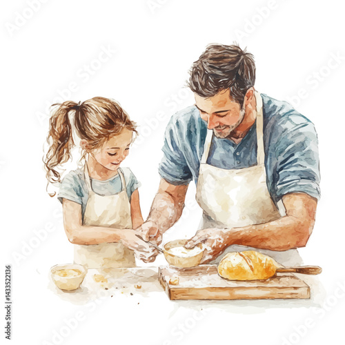 Father And Daughter Baking Together, watercolor vector, isolated on a white background.