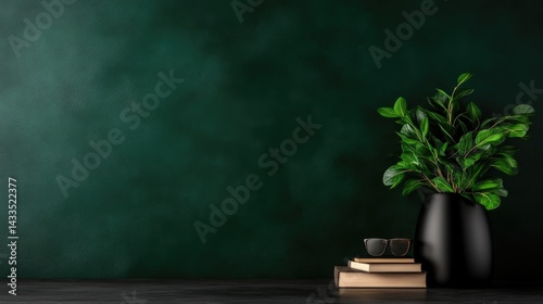 Dark green wall, plant, and books