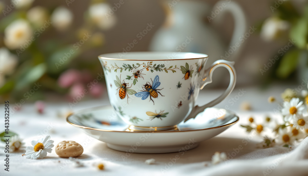 Elegant Teacup with Bee Design, Floral Setting Elegant Teacup with Bee Design, Floral Setting