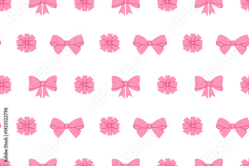 Pink bows and round rosettes in repeating pattern on white background