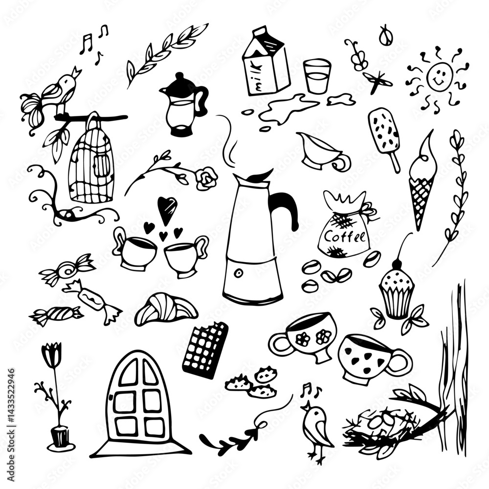 Obraz premium Doodle set with coffee, desserts and cozy home kitchen items