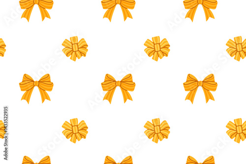 Seamless pattern with golden bows and round rosettes on white background