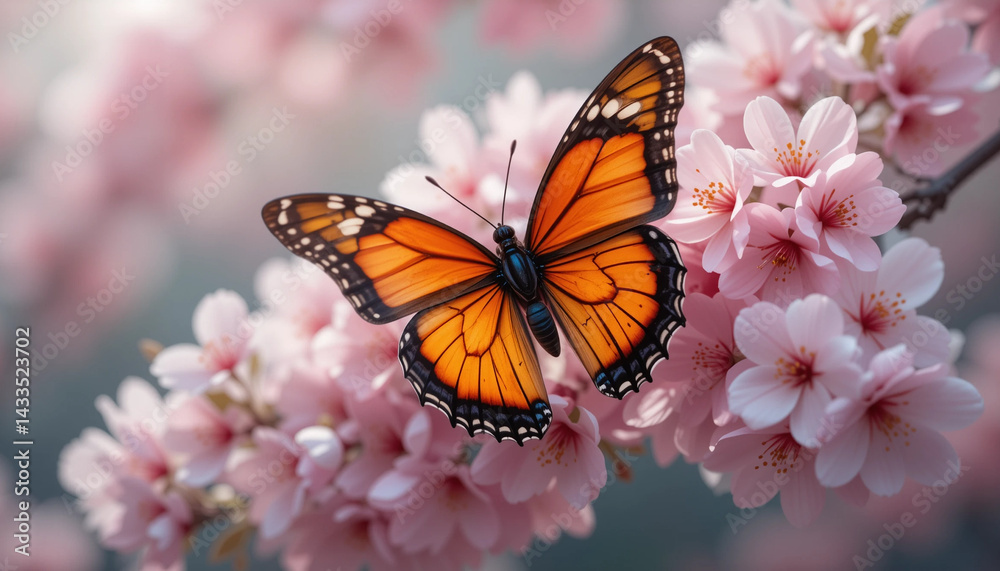 Naklejka premium Blossom and Butterfly: A vibrant butterfly, its wings adorned with intricate patterns, rests gracefully upon a branch of delicate cherry blossoms, embodying the beauty of nature.