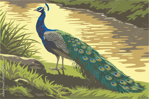 75 Majestic peacock, vibrant blue neck feathers, standing on lush green grass, near a sparkling pond, sunlit scene, detailed plumage, natural habitat, wildlife photography, high resolution, vivid colo