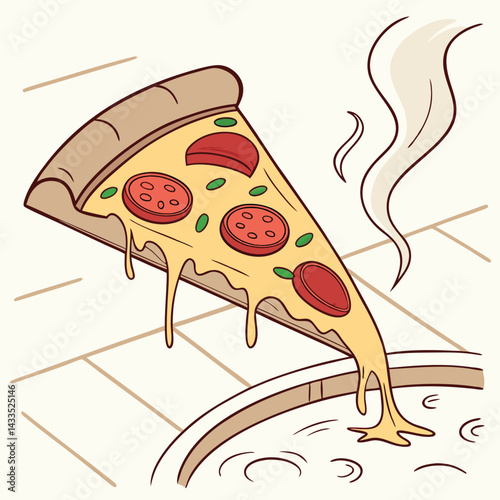 Pizza Slice Vector Melting Cheese and Toppings in Fun, Minimal Line Art for Food Designs