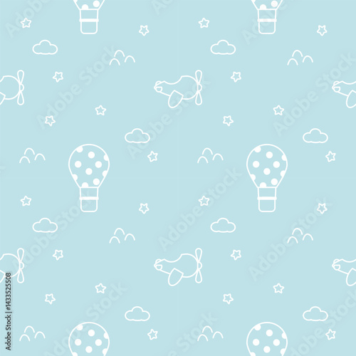 Hot air balloon and airplane line cartoon so cute. On star cloud mountain light blue background. Pattern seamless vector illustration. 