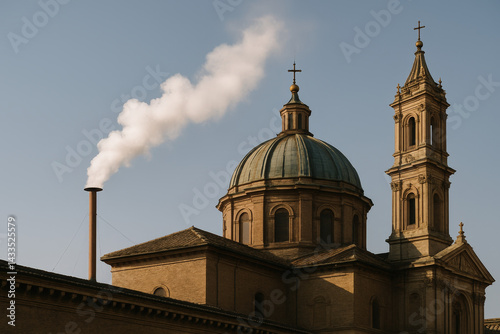 White smoke rises from a chapel chimney in the Vatican, set against a blue sky, marking the election of a new pope in a globally recognized religious tradition.

