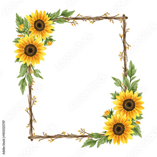 Vintage Frame Made of Sunflowers with Leaves Isolated Hand Drawn Watercolor Painting Illustration
