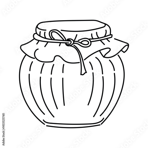 Vintage tableware for cherry jam with fabric lid. Outline jar for strawberry jam or marmalade or designe scrapbook. Vector background with glass jars in doodle style.
