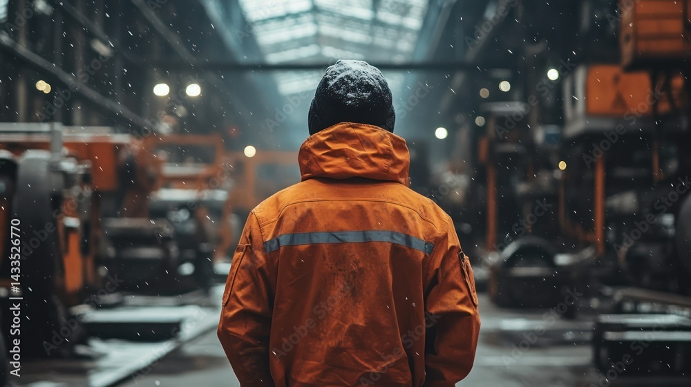 Factory worker, back view, observes industrial landscape, snowfall enhances chilly, contemplative atmosphere within large facility. Factory worker, back view, observes industrial landscape, snowfall enhances chilly, contemplative atmosphere within large facility.