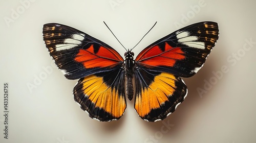 A colorful butterfly with orange, black, white, and yellow wings, wings spread open, set against a plain white background, giving a scientific insect specimen feel. photo