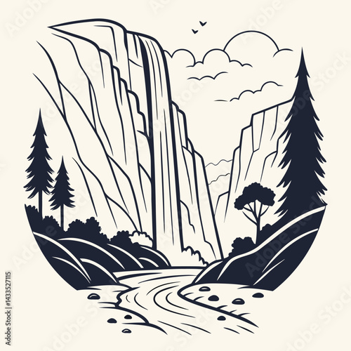 Waterfall Flowing Between Cliffs in Elegant Vector Style for a Serene and Artistic Nature Illustration