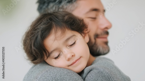 Father and child share a warm embrace indoors while enjoying a moment of closeness and comfort in daylight.