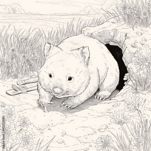 Detailed line art of wombat emerging from burrow, Australian wildlife illustration. Perfect for coloring books, educational resources, nature guides.