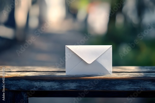 A pristine white envelope resting on a weathered wooden surface bathed in soft diffused natural light.