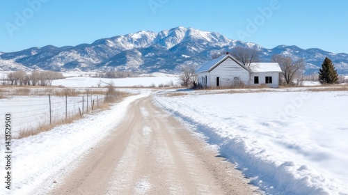 Snowy rural road leads to a weathered farmhouse nestled amongst a wintry landscape, with distant snow-capped mountains