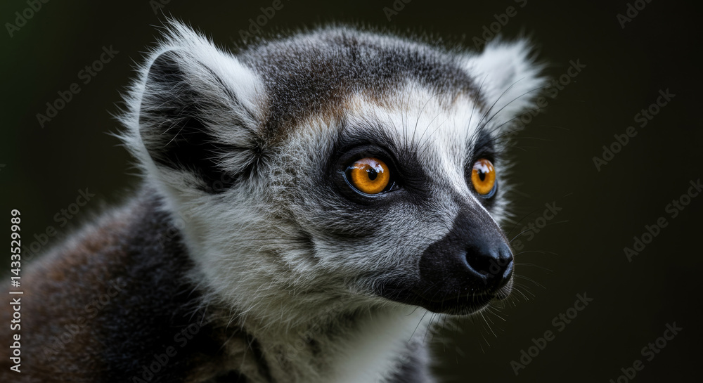Obraz premium Ring-tailed lemur close-up portrait in zoo exhibit. Animal details and watchful gaze against dark backdrop. Wildlife photographer with zoological park. Madagascar -