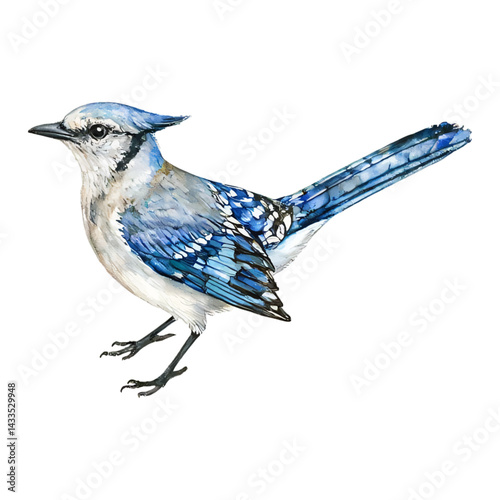 Beautiful Blue Jay Full Body Bird on White Background Isolated Hand Drawn Watercolor Painting Illustration