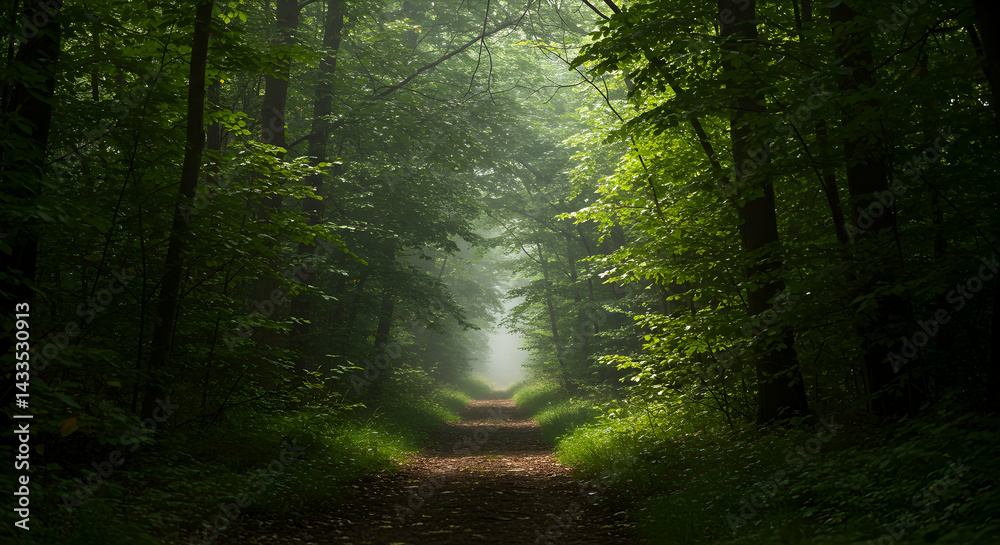 Naklejka premium Misty Forest Path Tranquil Nature Trail Sunlight Woodland Trees Green Leaves Scenic Landscape Hiking Walking Outdoors