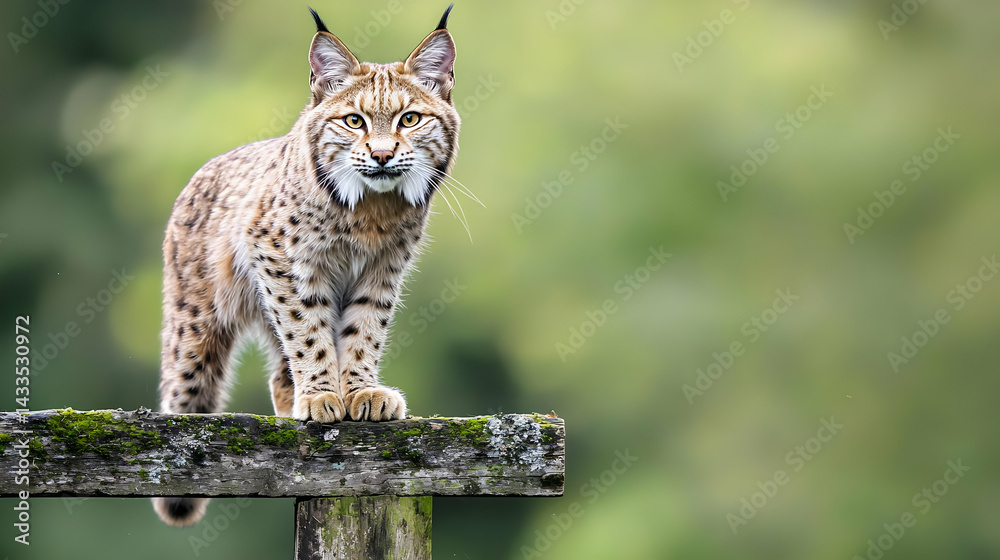 Obraz premium Alert Lynx with Spotty Fur Standing on a Wooden Fence in Green Forest Background