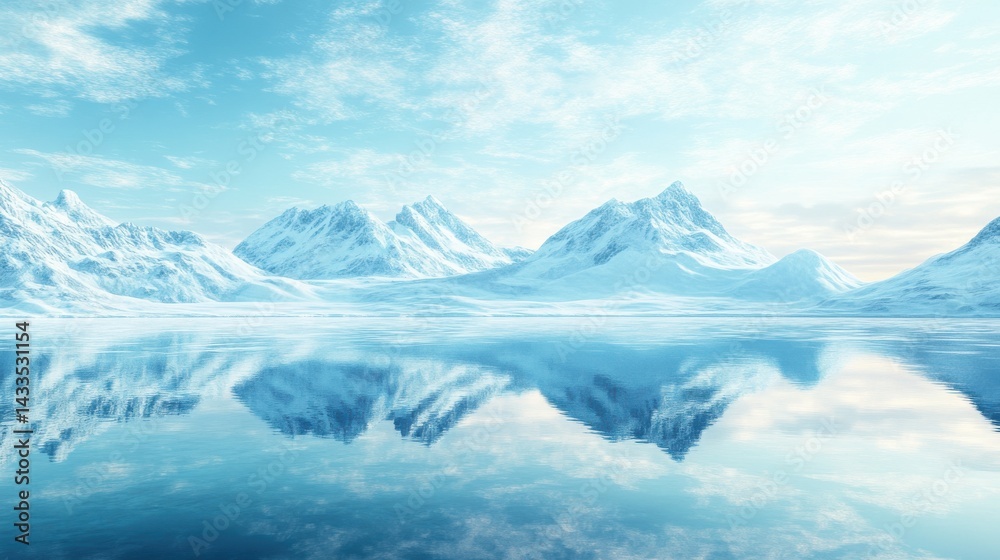 Obraz premium Frozen Arctic Lake Reflecting Snow-Covered Peaks