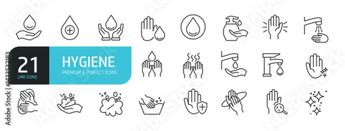 Set of line icons related to hygiene, hand wash, disinfection, clean, antiseptic, healthy. Outline icons collection. Editable stroke. Vector illustration