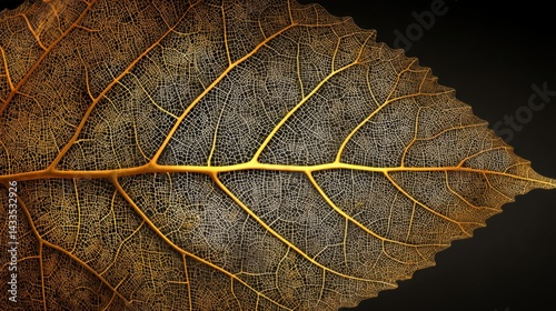 Detailed macro of golden leaf skeleton against black, decay and beauty concept. Perfect for nature, autumn, and botanical themes. in flat design style