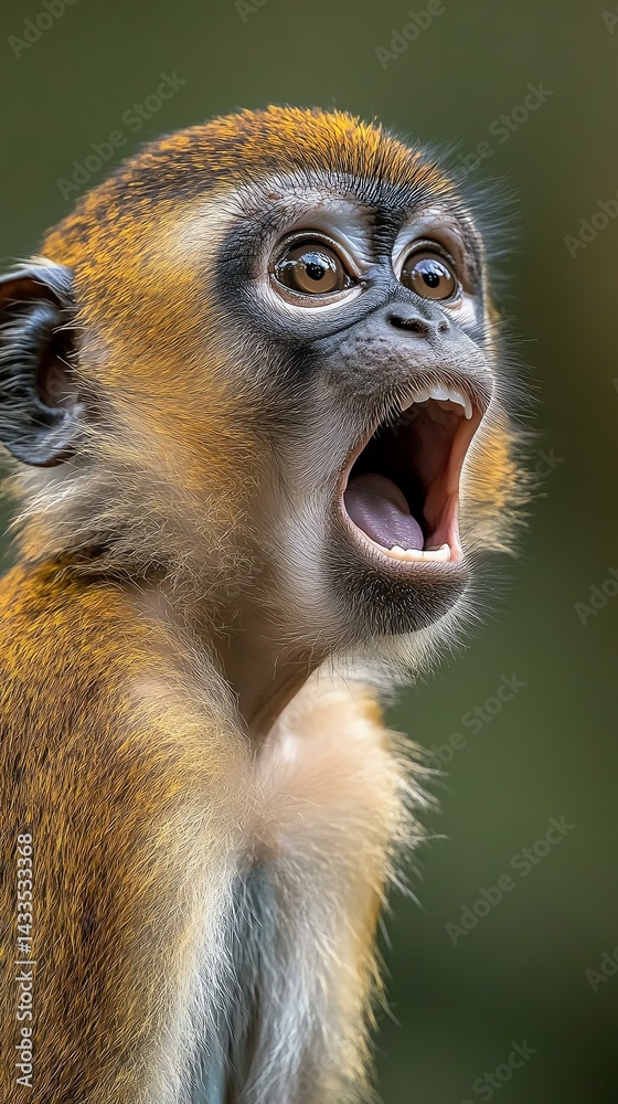 Obraz premium A close-up of a monkey with an open mouth, showcasing its expressive face in nature. Captivating wildlife shot embodying the essence of animal behavior.