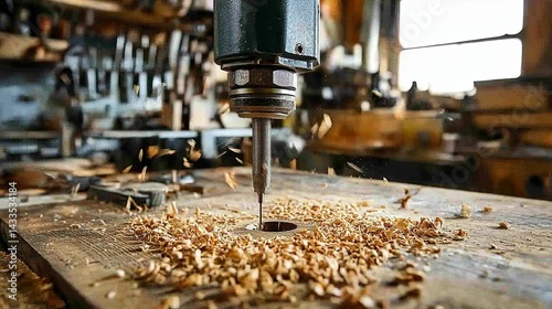 Close-up of a power drill creating a precise hole in wood.