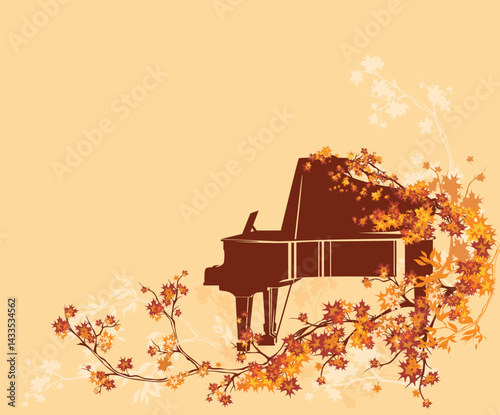 grand piano instrument among fall season tree branches with bright leaves -  autumn musical billboard background copy space vector design
