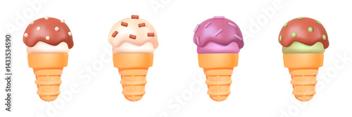 3D colorful cartoon ice cream cones with toppings