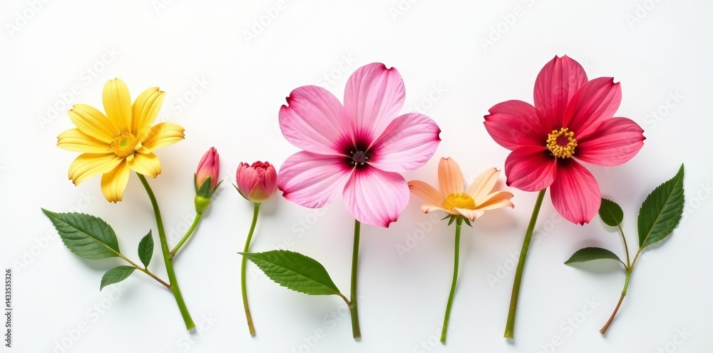 Fototapeta premium Elegant single flower selection on white backdrop, Rose, Lily