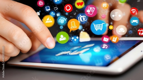 Hands using tablet, app icons, digital, online, shopping, technology, background blur, website