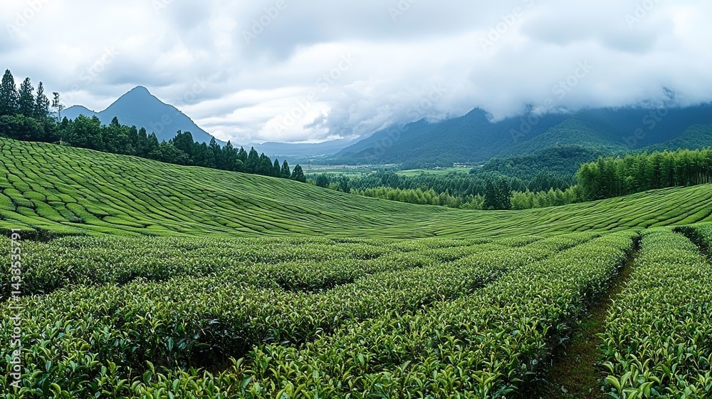 A green tea plantation with neatly arranged tea plants, surrounded by white flowers, background with misty mountains and blue sky, full of natural and peaceful atmosphere. A green tea plantation with neatly arranged tea plants, surrounded by white flowers, background with misty mountains and blue sky, full of natural and peaceful atmosphere.
