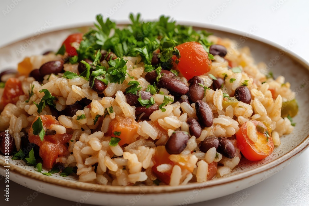 Dry bean and rice dish on plate, white background. AI generated illustration. Dry bean and rice dish on plate, white background. AI generated illustration.