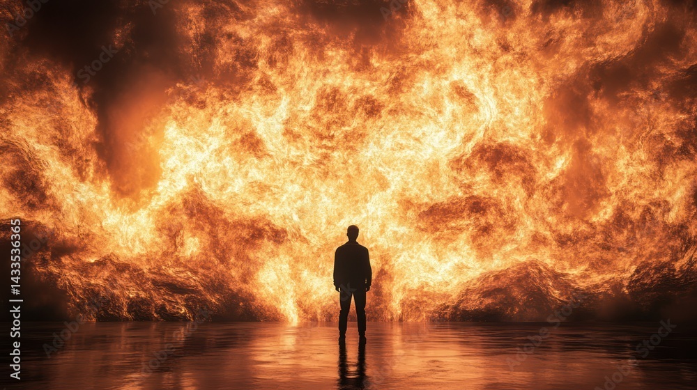 Silhouetted man stands, observing intense fire, perhaps facing challenges, showing resilience, power, determination. Silhouetted man stands, observing intense fire, perhaps facing challenges, showing resilience, power, determination.