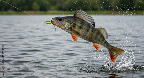 Fishing enthusiast catches a perch in a dramatic leap from a lake. A speckled perch leaps from the water with a lure in its mouth, splashing, during a successful fishing trip at a tranquil lake.