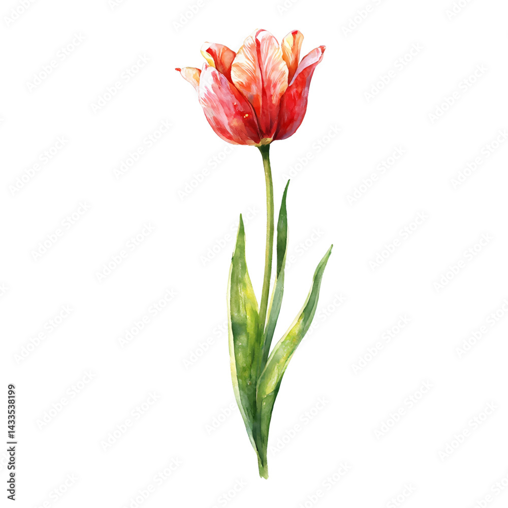 Red Tulip Flower with Green Leaves Isolated Hand Drawn Watercolor Painting Illustration Red Tulip Flower with Green Leaves Isolated Hand Drawn Watercolor Painting Illustration
