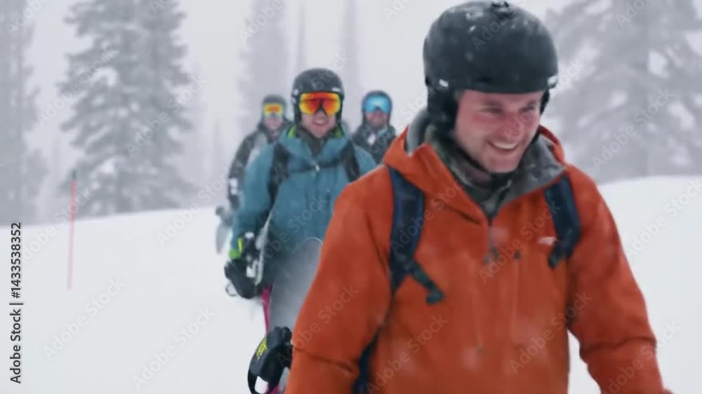 Smiling Skiers and Snowboarders Walking Through Heavy Snow Smiling Skiers and Snowboarders Walking Through Heavy Snow