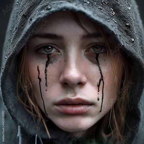 primo piano di un volto triste di una figura incappucciata che piange lacrime nere, Close-up of a sad face of a hooded figure crying black tears 