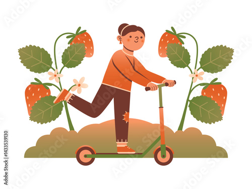 A girl rides a scooter among strawberry bushes. Vector isolated illustrration with cute female person. Cartoon graphic clipart for summer card, sticker, banner. Schoolgirl on a scooter. Flat Design.