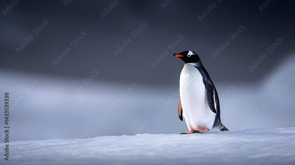 Naklejka premium Solitary Penguin On Snow Covered Antarctic Ice