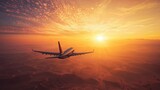 A plane flying above a desert landscape at sunrise.
