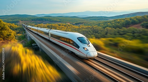 High-speed train traversing a scenic mountain landscape.